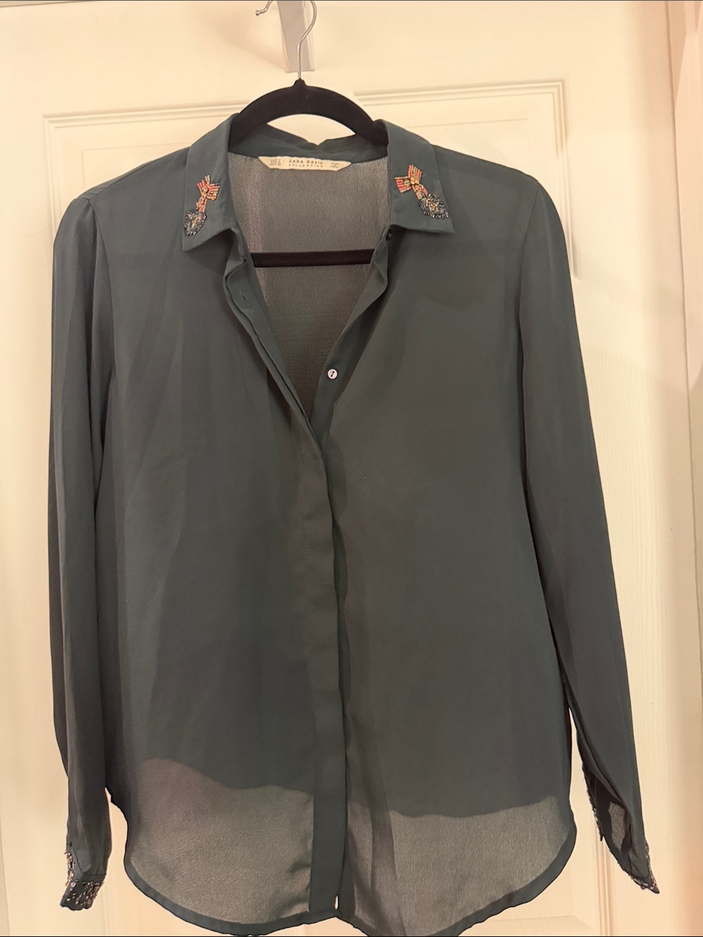 Zara Forest Green Sheer Button-Down Blouse with Embroidered Collar
